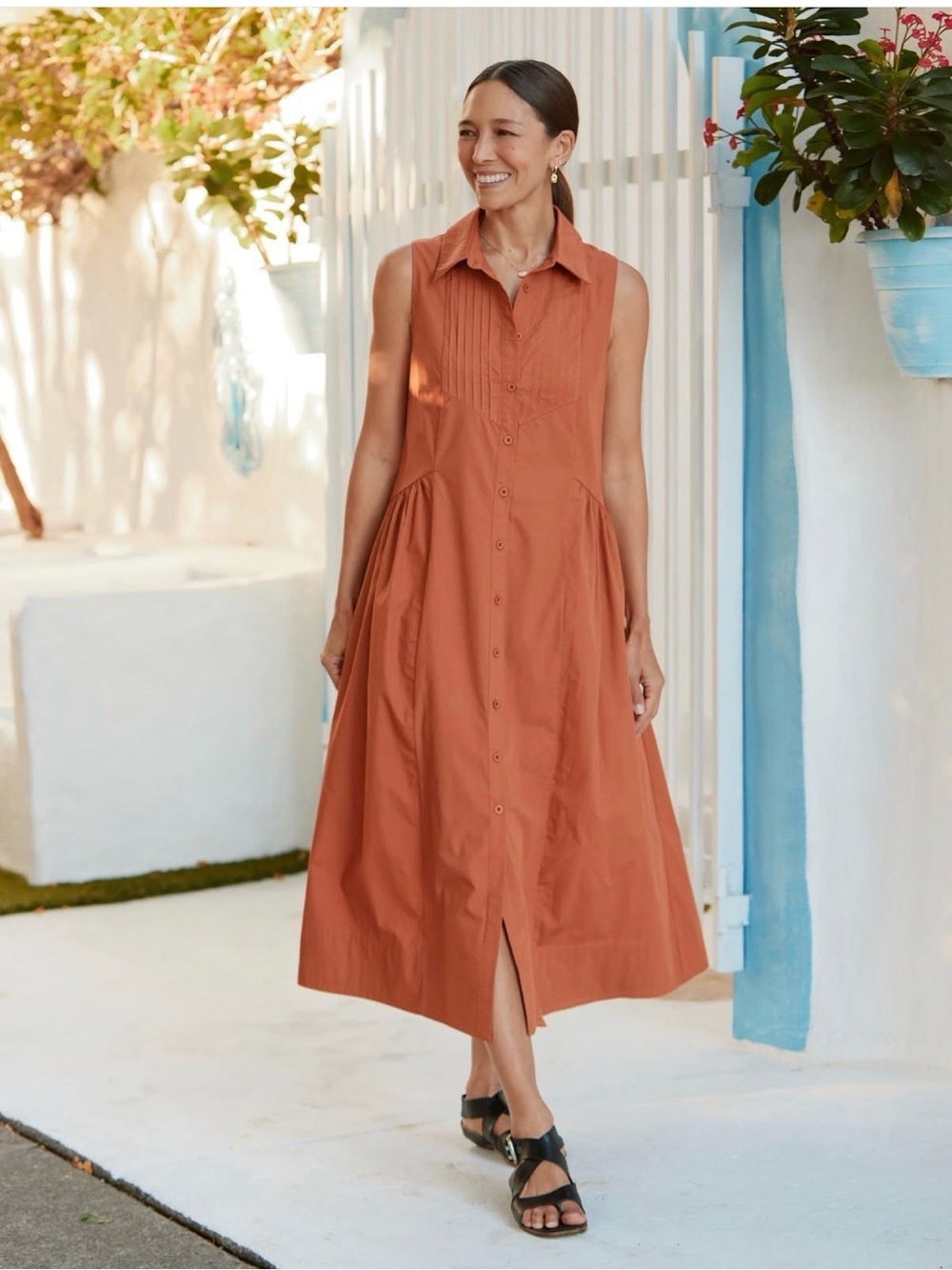 MAYE Sleeveless Button-Front Midi Dress in Camel.